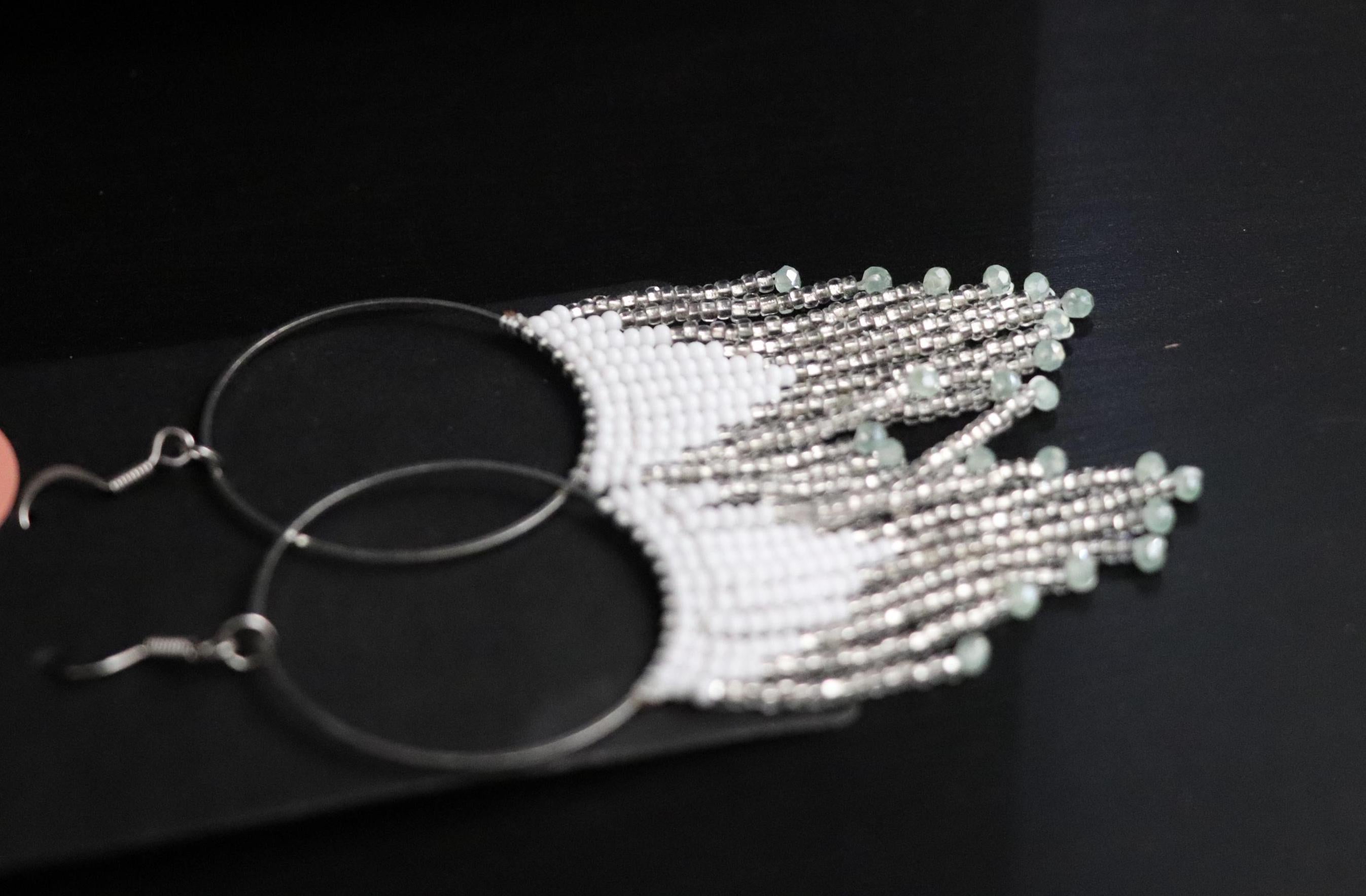 White & Bright Grey Beaded Dangle Earrings