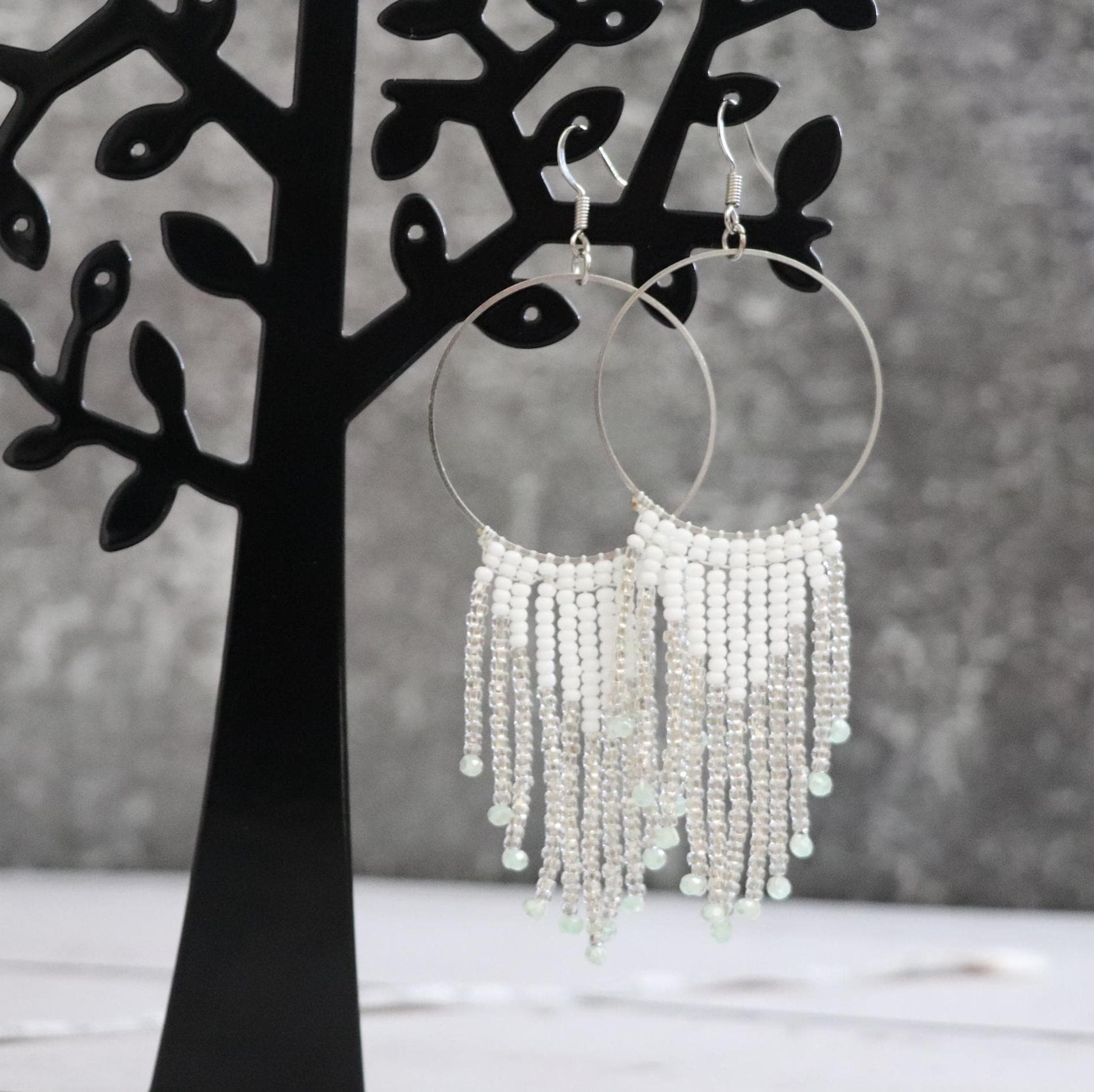 White & Bright Grey Beaded Dangle Earrings