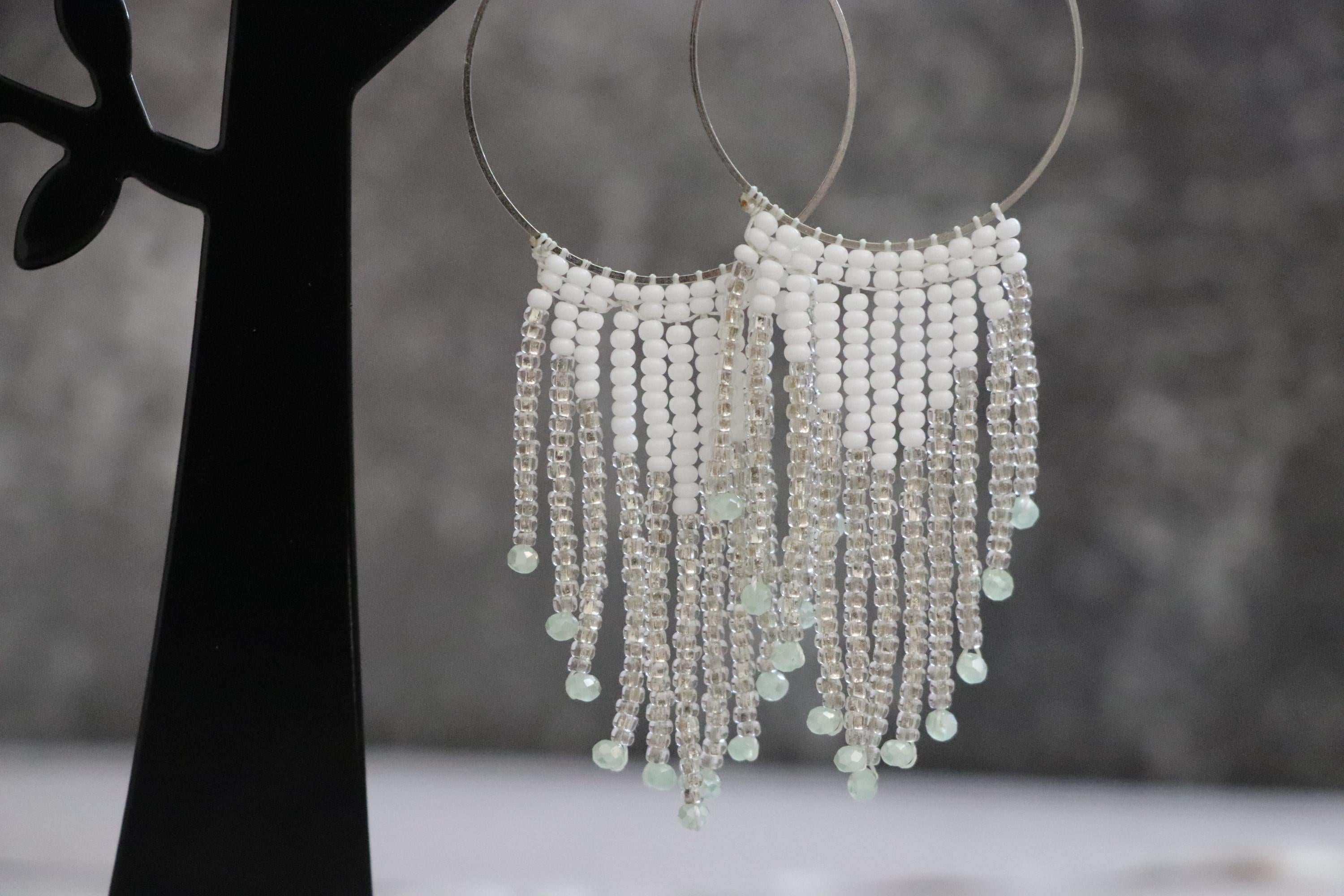 White & Bright Grey Beaded Dangle Earrings