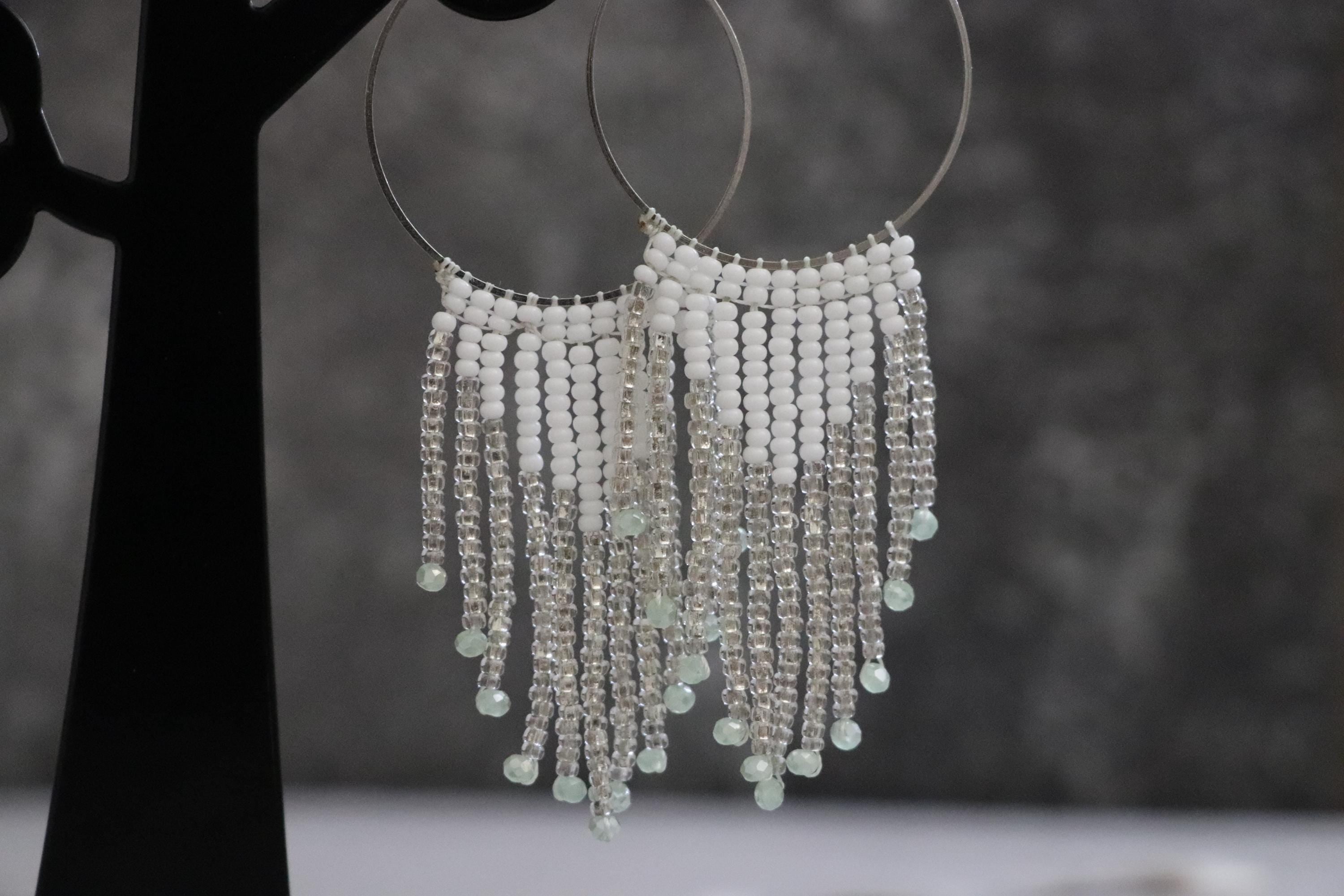White & Bright Grey Beaded Dangle Earrings