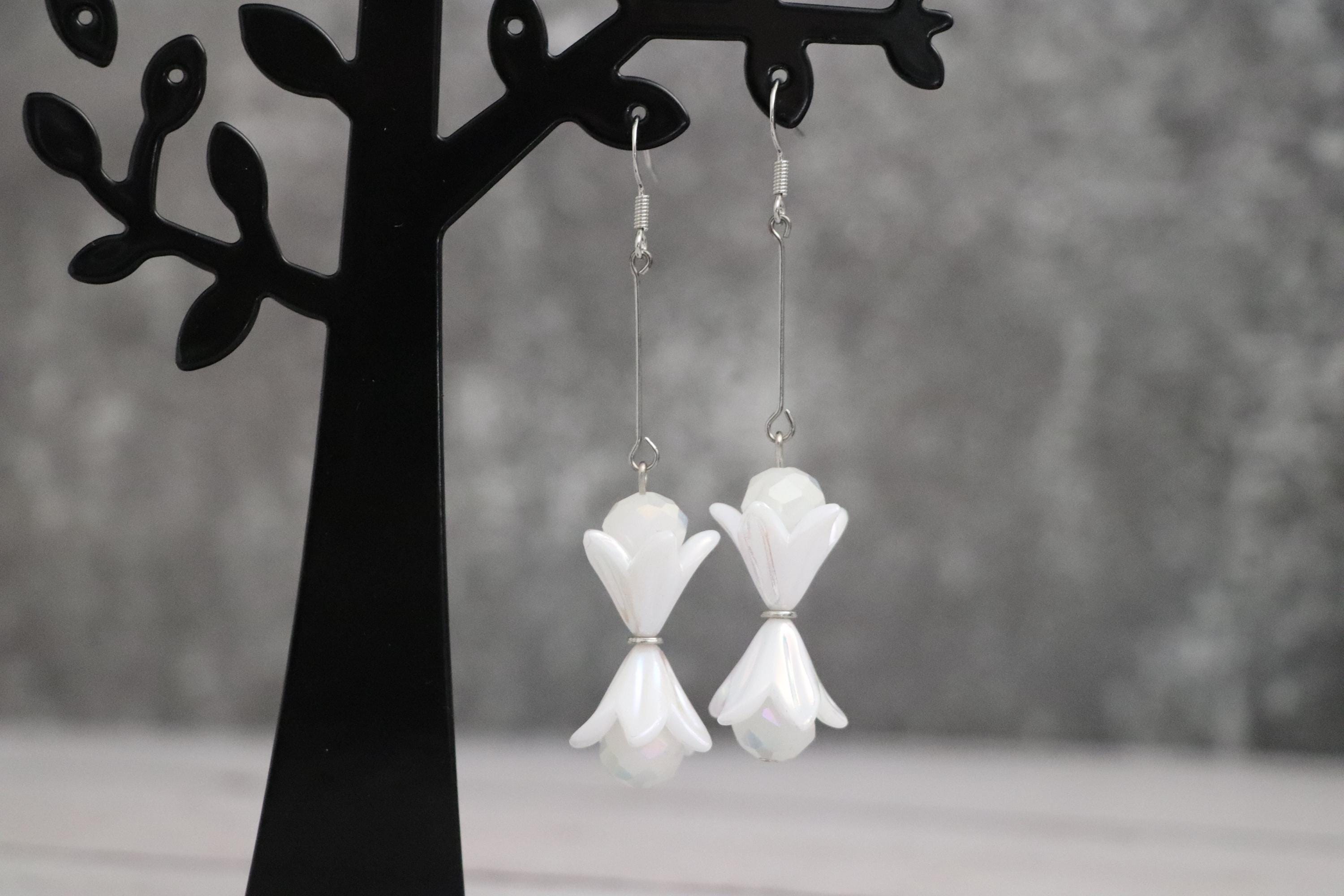 White Flower Dangle Earrings with Crystal Beads