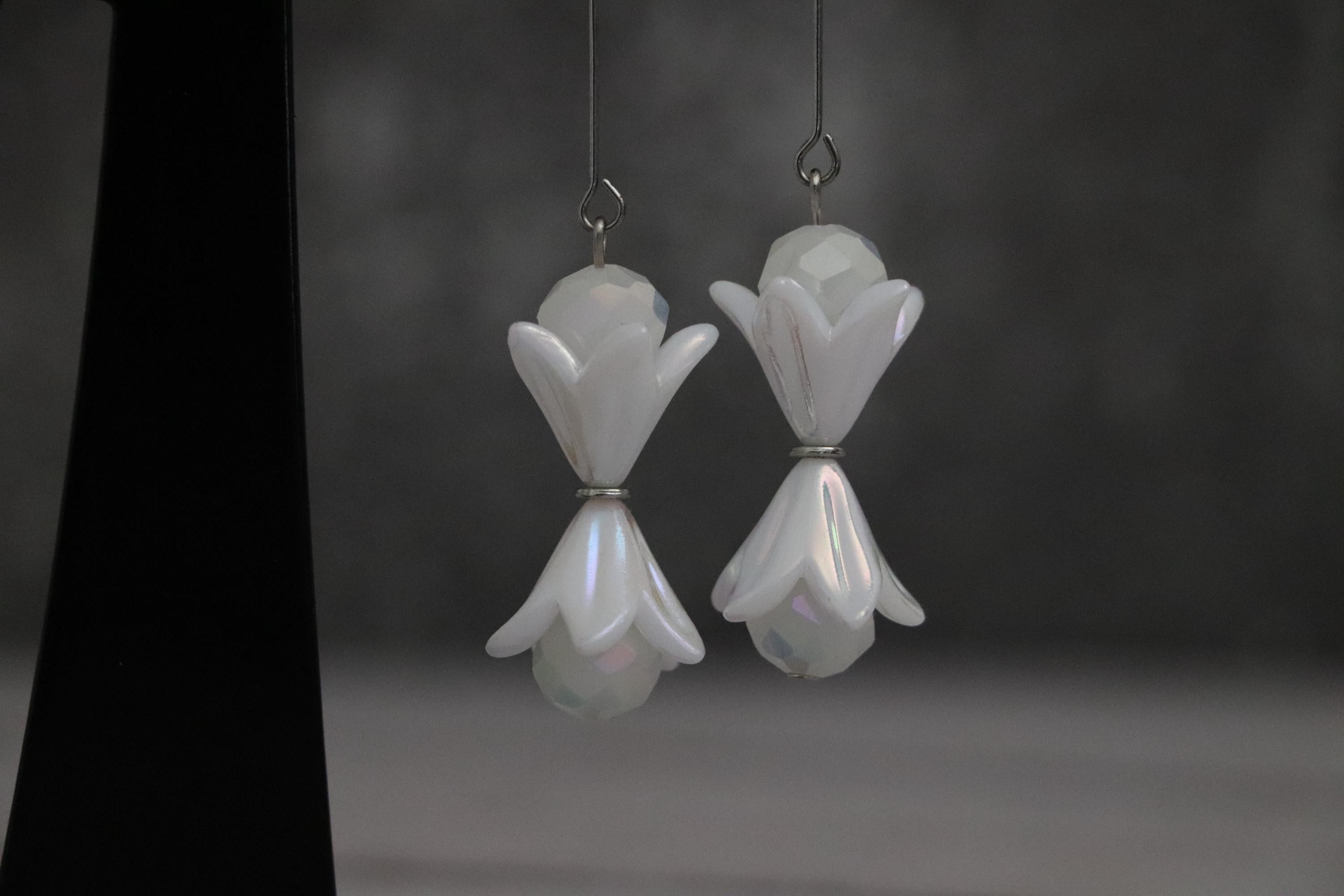 White Flower Dangle Earrings with Crystal Beads