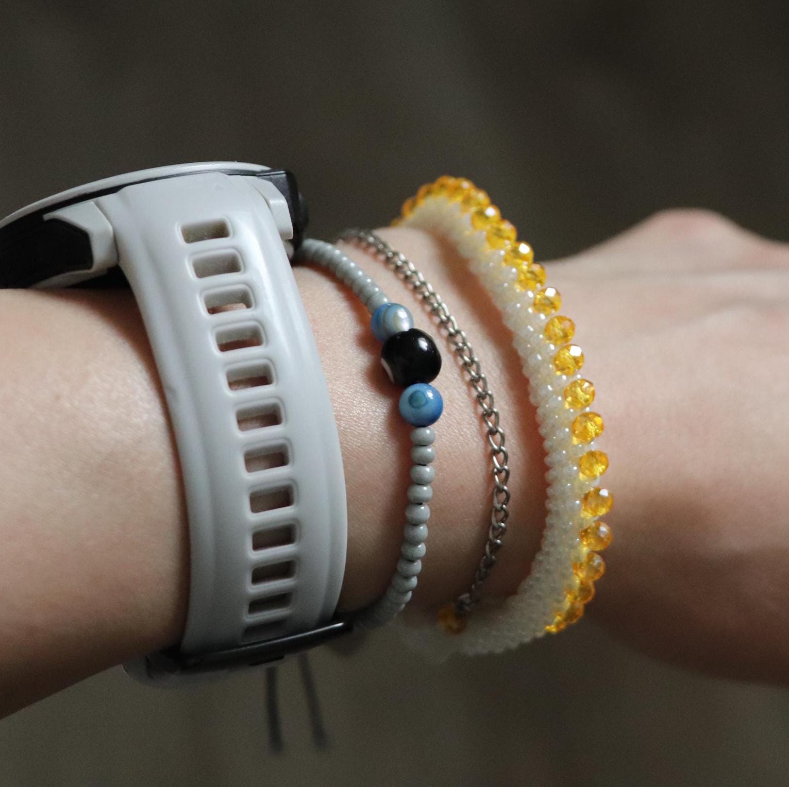 White Woven Bracelet with Yellow Crystals & Chain Detail