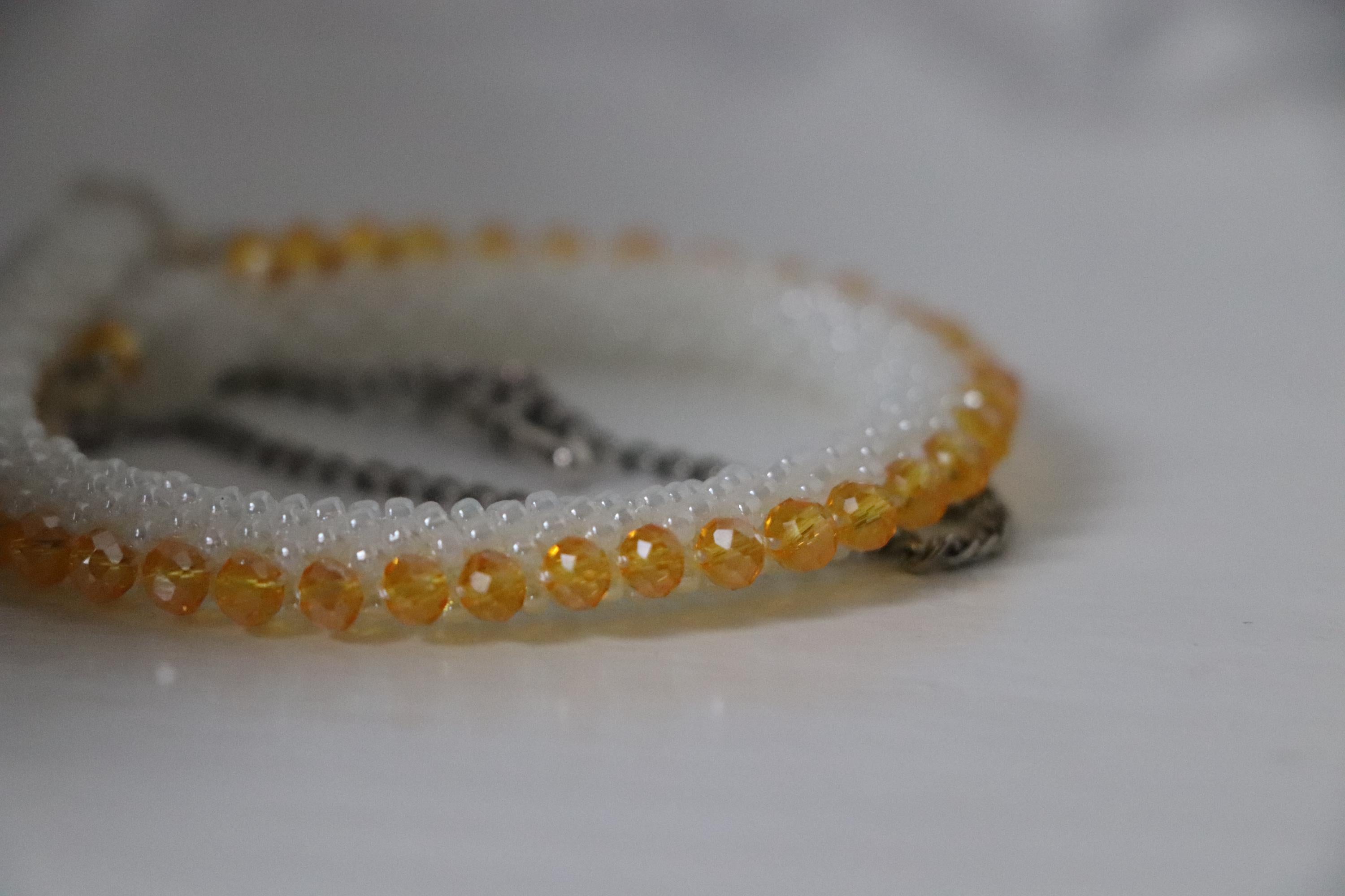 White Woven Bracelet with Yellow Crystals & Chain Detail