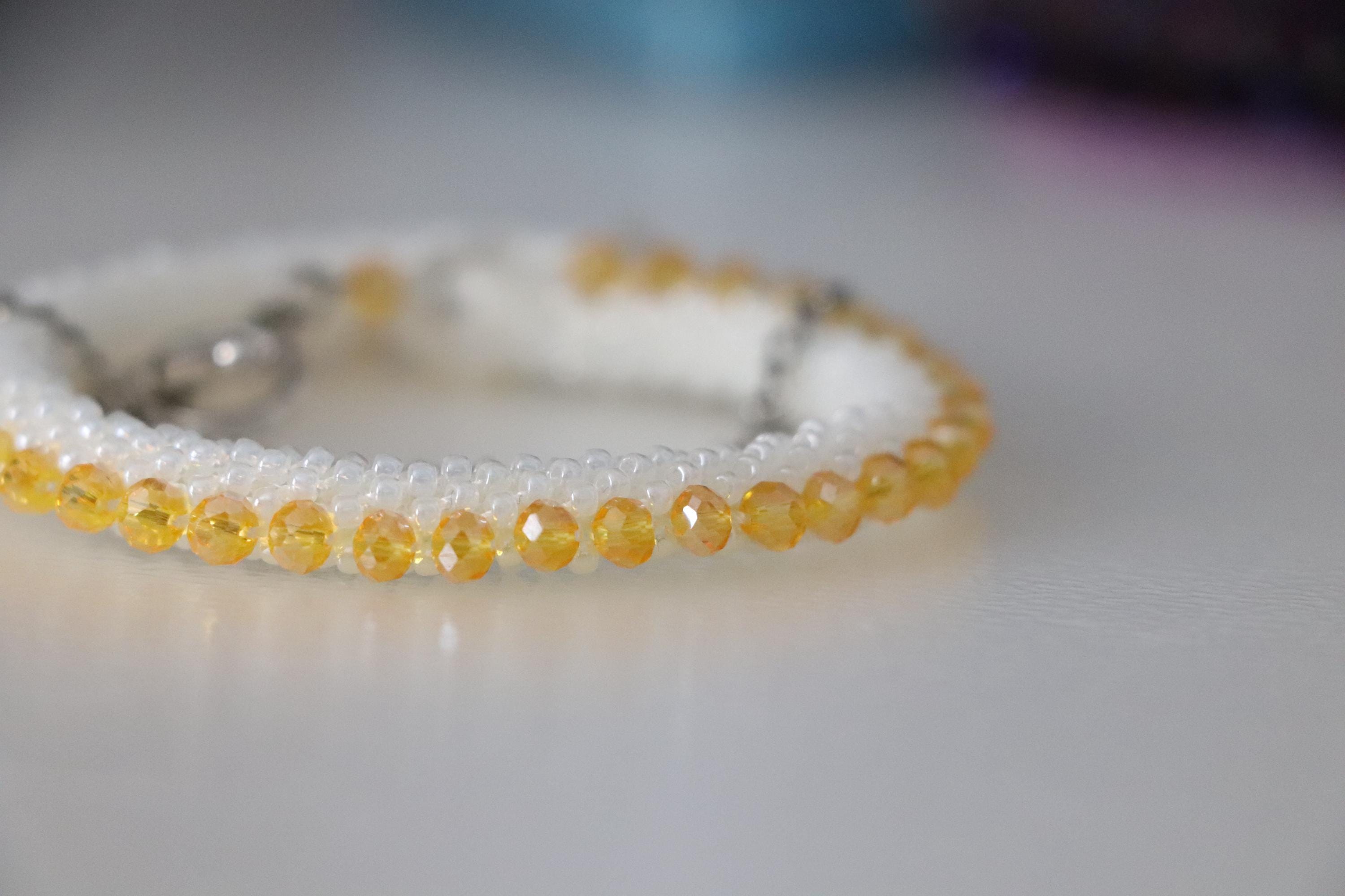 White Woven Bracelet with Yellow Crystals & Chain Detail