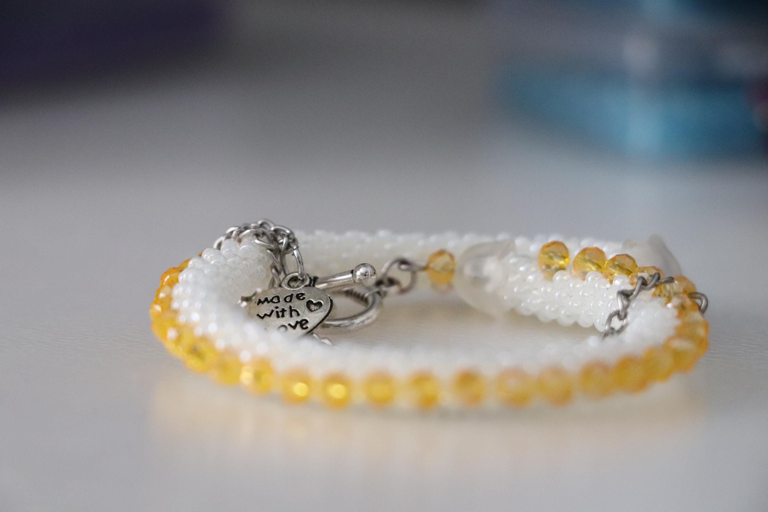 White Woven Bracelet with Yellow Crystals & Chain Detail
