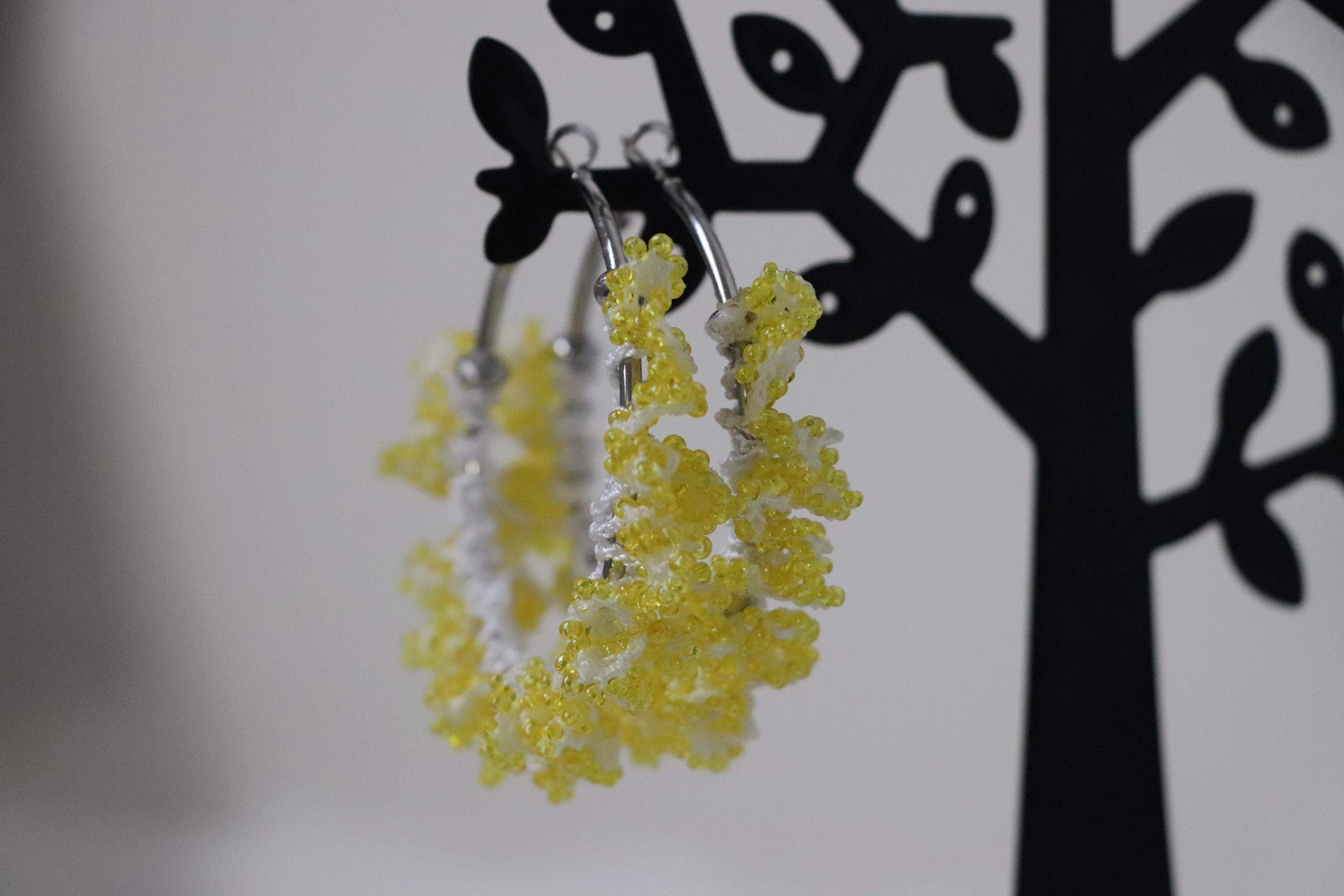 Yellow Hoop Earrings with Crochet Detail