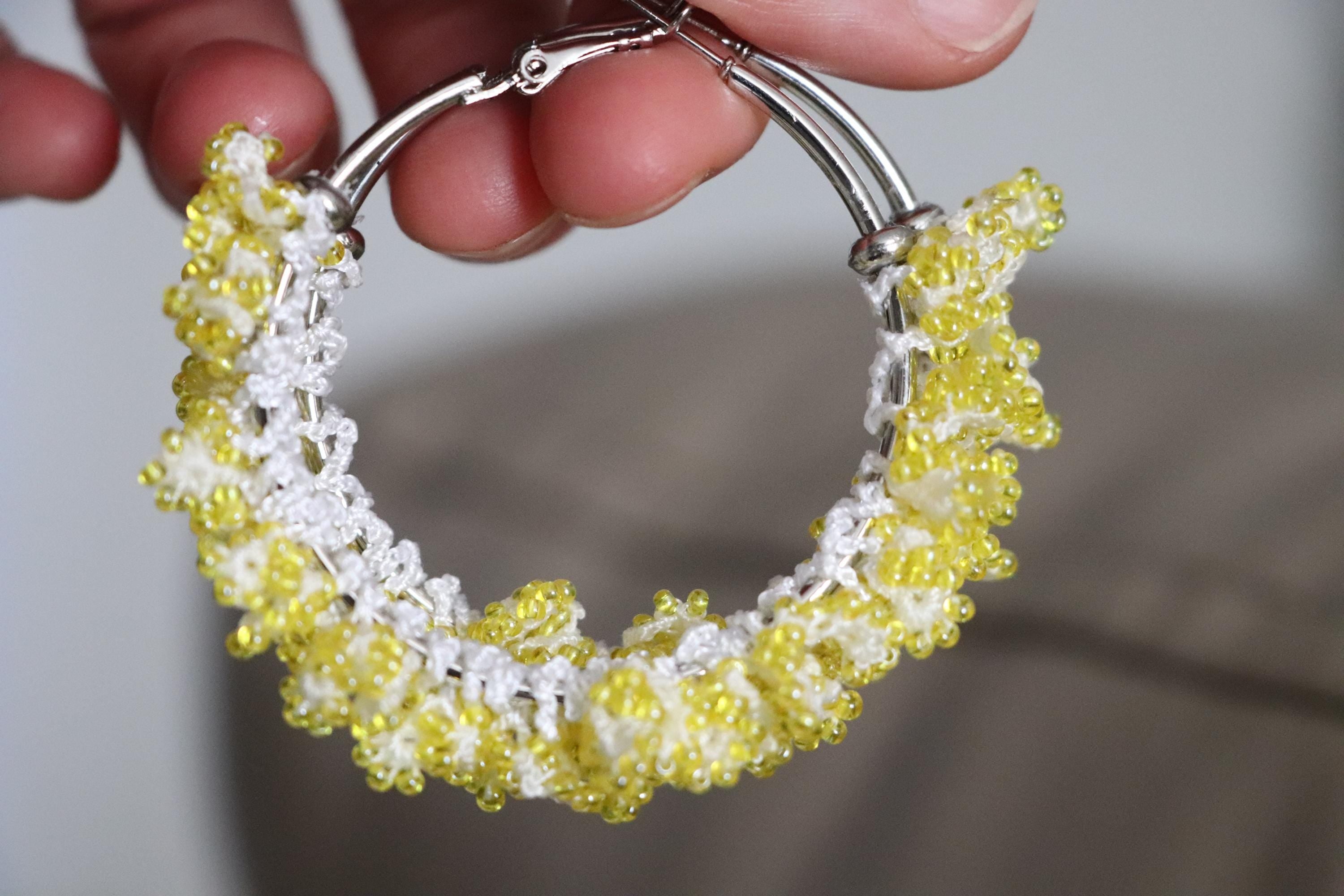Yellow Hoop Earrings with Crochet Detail