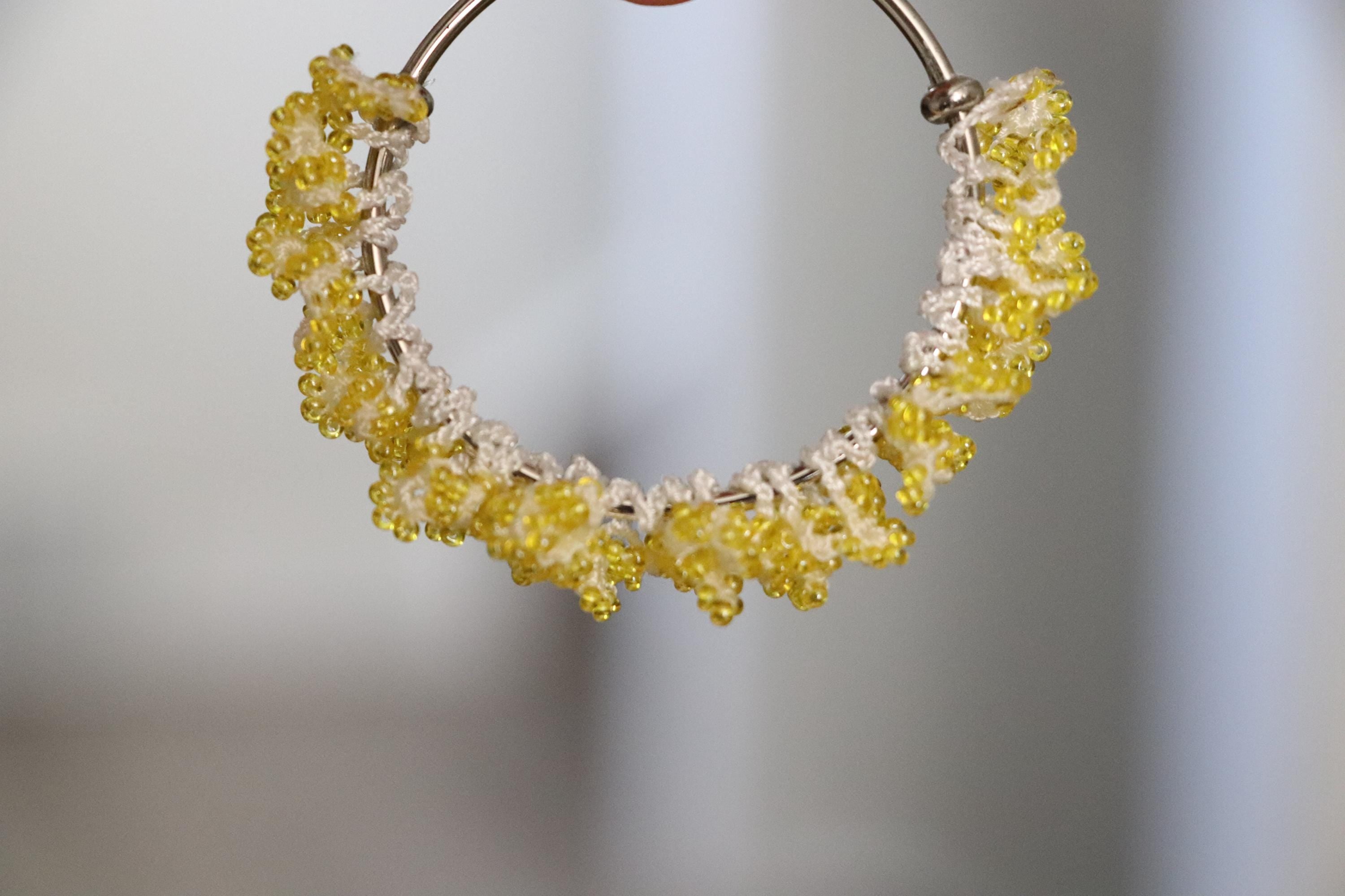 Yellow Hoop Earrings with Crochet Detail