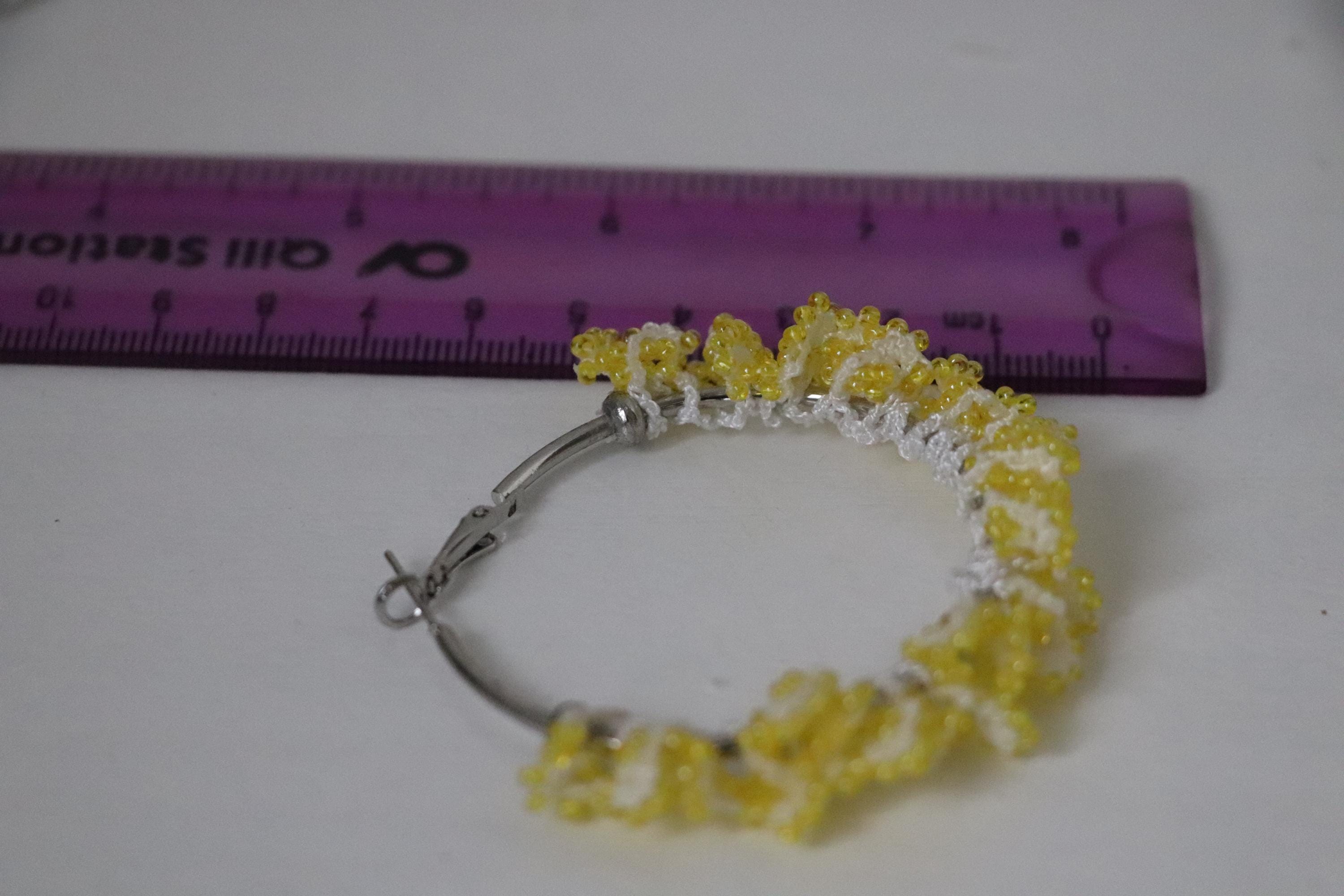 Yellow Hoop Earrings with Crochet Detail