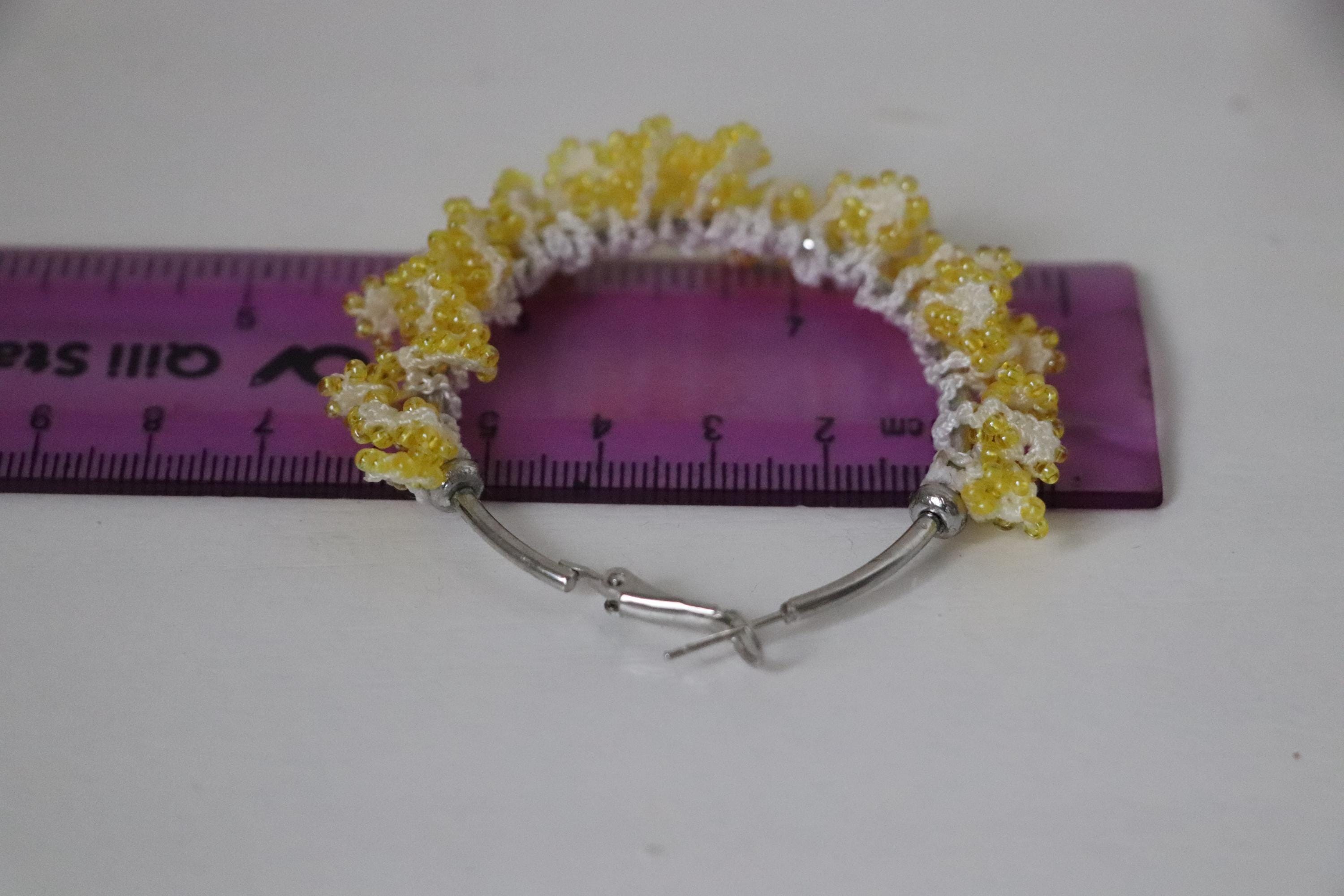 Yellow Hoop Earrings with Crochet Detail