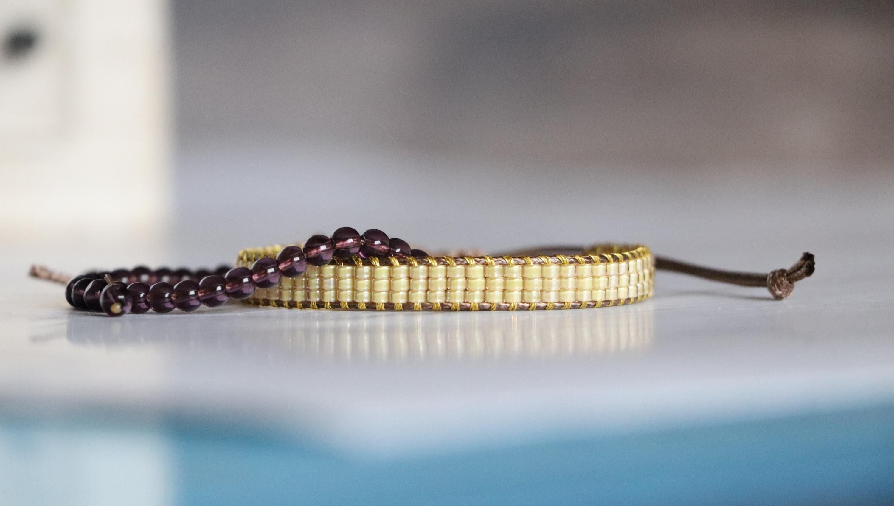 Yellow Woven Bracelet & Purple Glass Bead Bracelet – Handmade Two-Piece Set