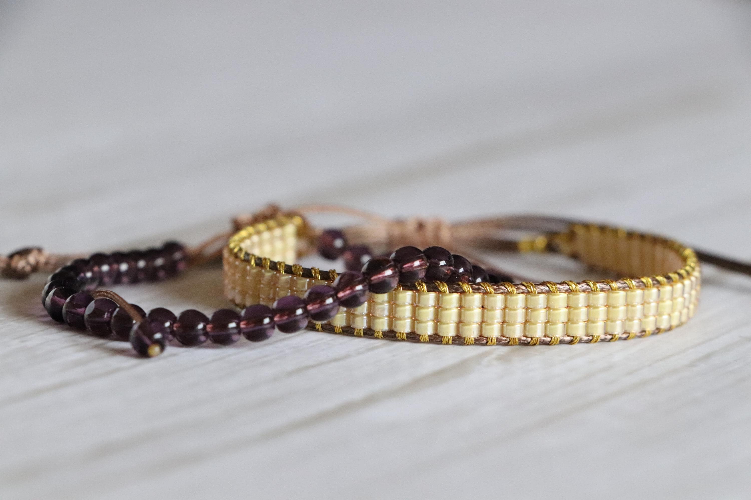 Yellow Woven Bracelet & Purple Glass Bead Bracelet – Handmade Two-Piece Set