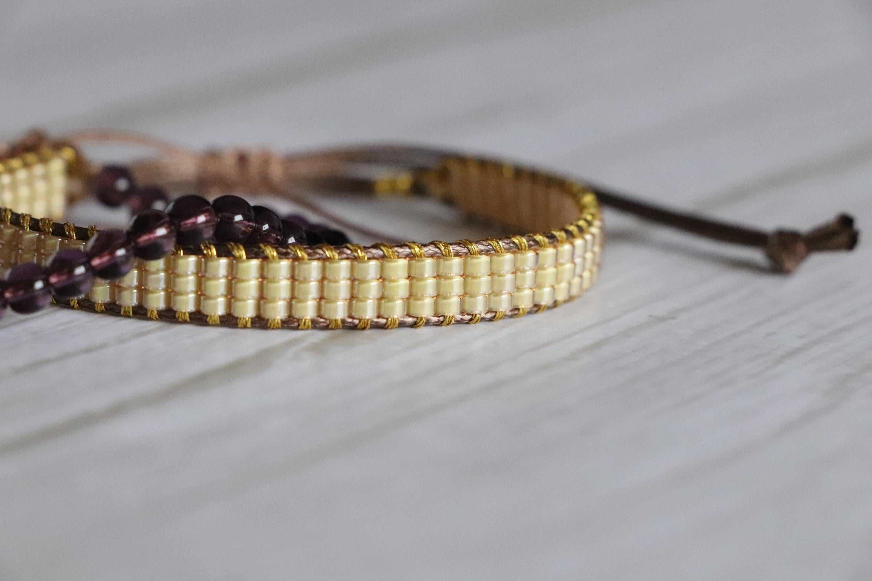 Yellow Woven Bracelet & Purple Glass Bead Bracelet – Handmade Two-Piece Set