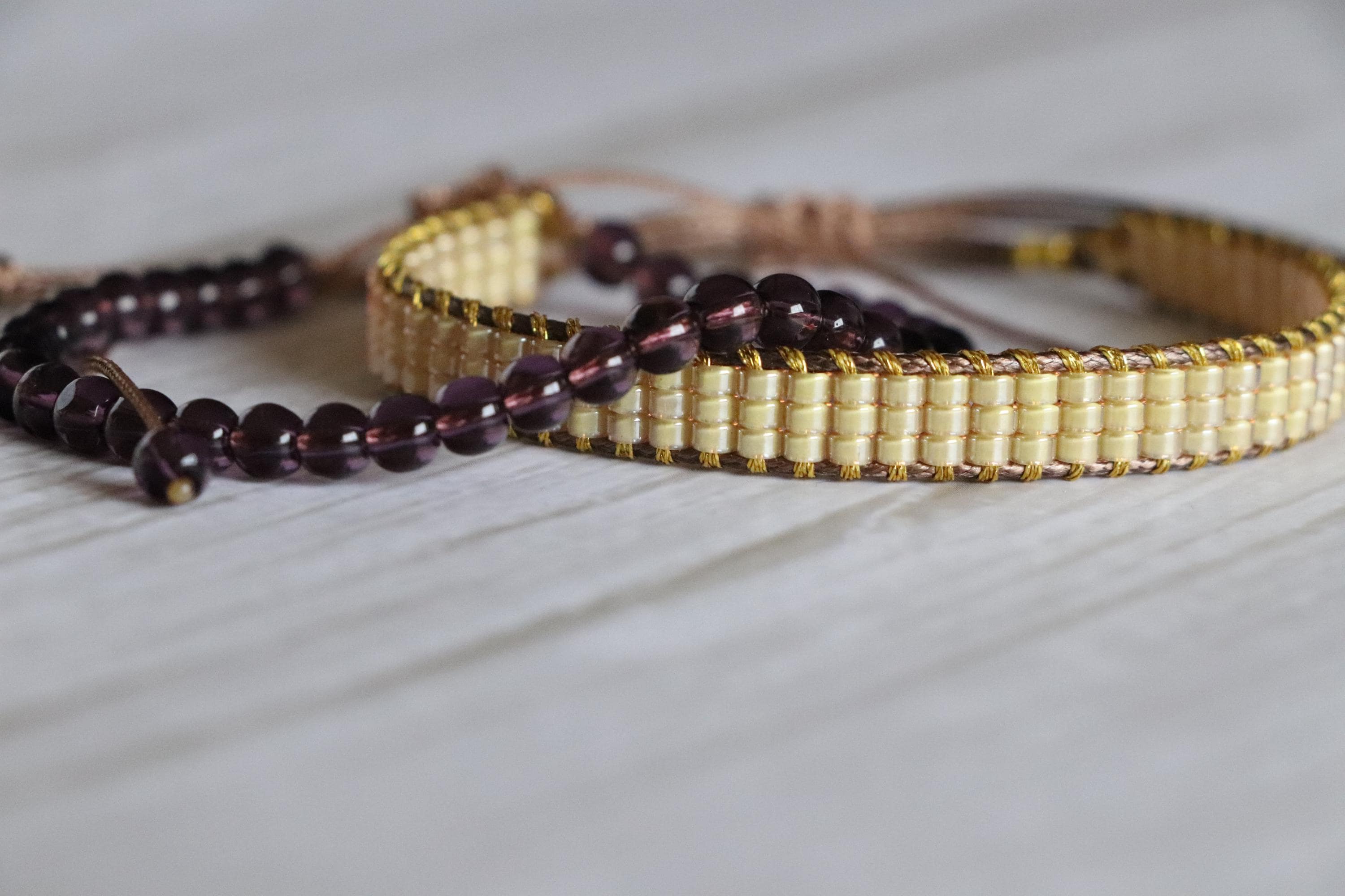 Yellow Woven Bracelet & Purple Glass Bead Bracelet – Handmade Two-Piece Set