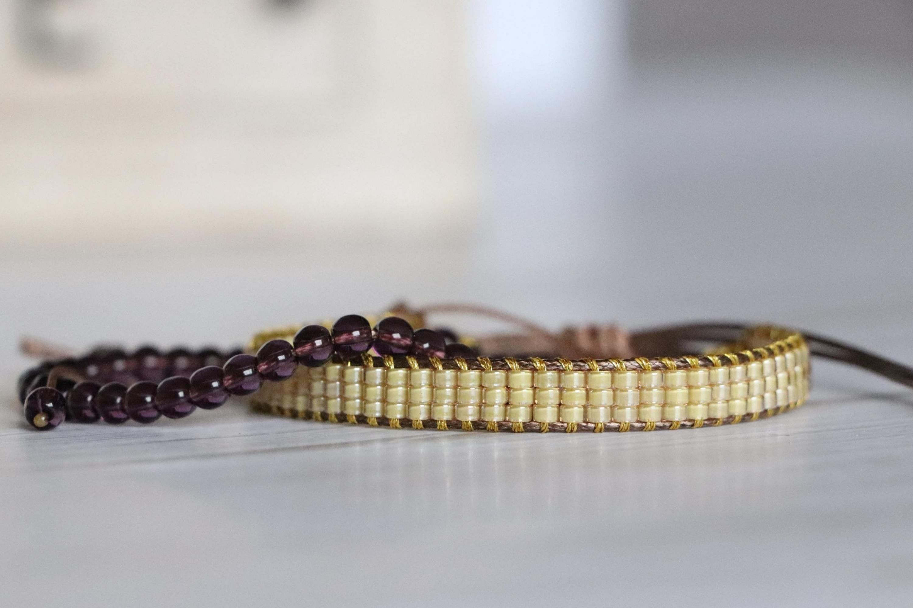Yellow Woven Bracelet & Purple Glass Bead Bracelet – Handmade Two-Piece Set