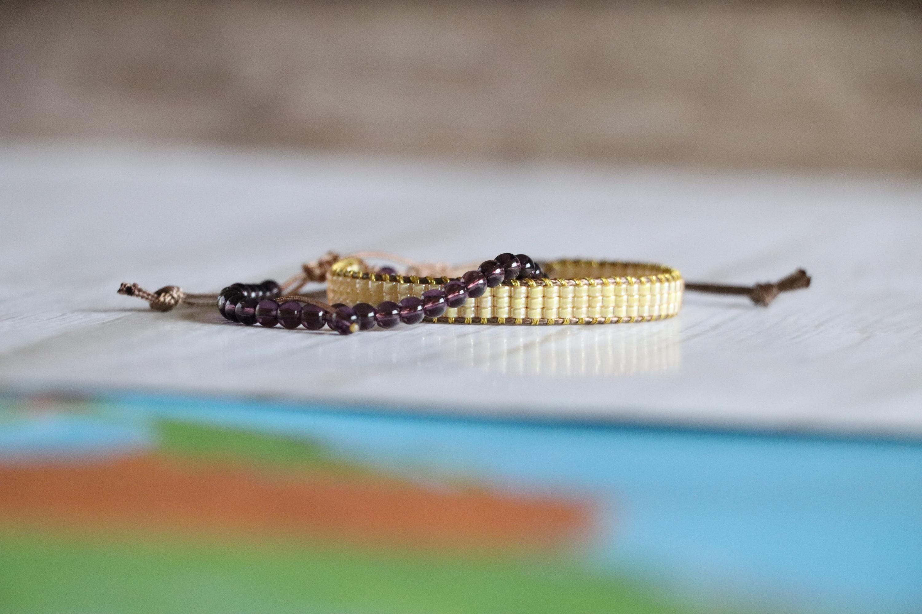 Yellow Woven Bracelet & Purple Glass Bead Bracelet – Handmade Two-Piece Set