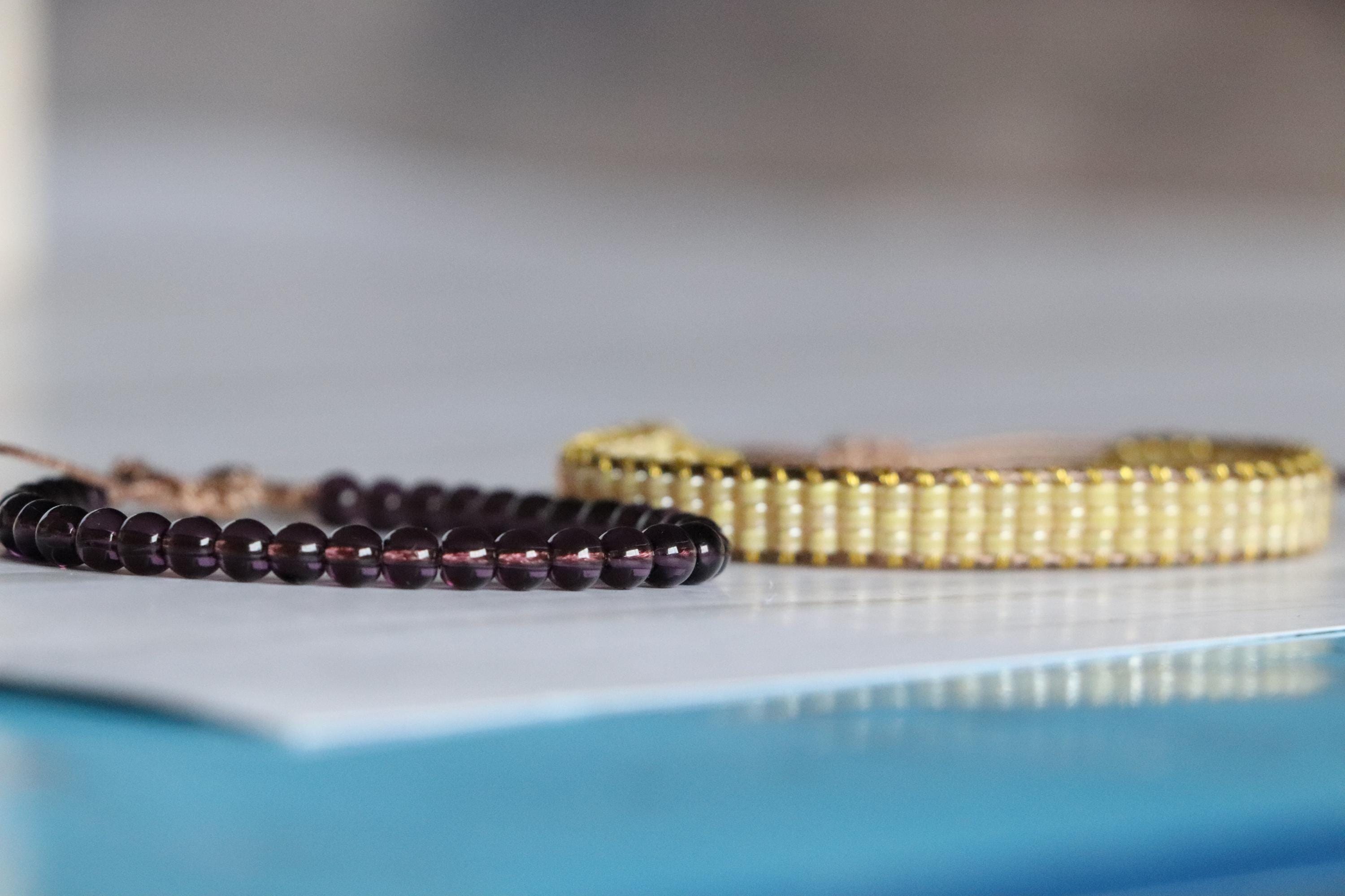 Yellow Woven Bracelet & Purple Glass Bead Bracelet – Handmade Two-Piece Set