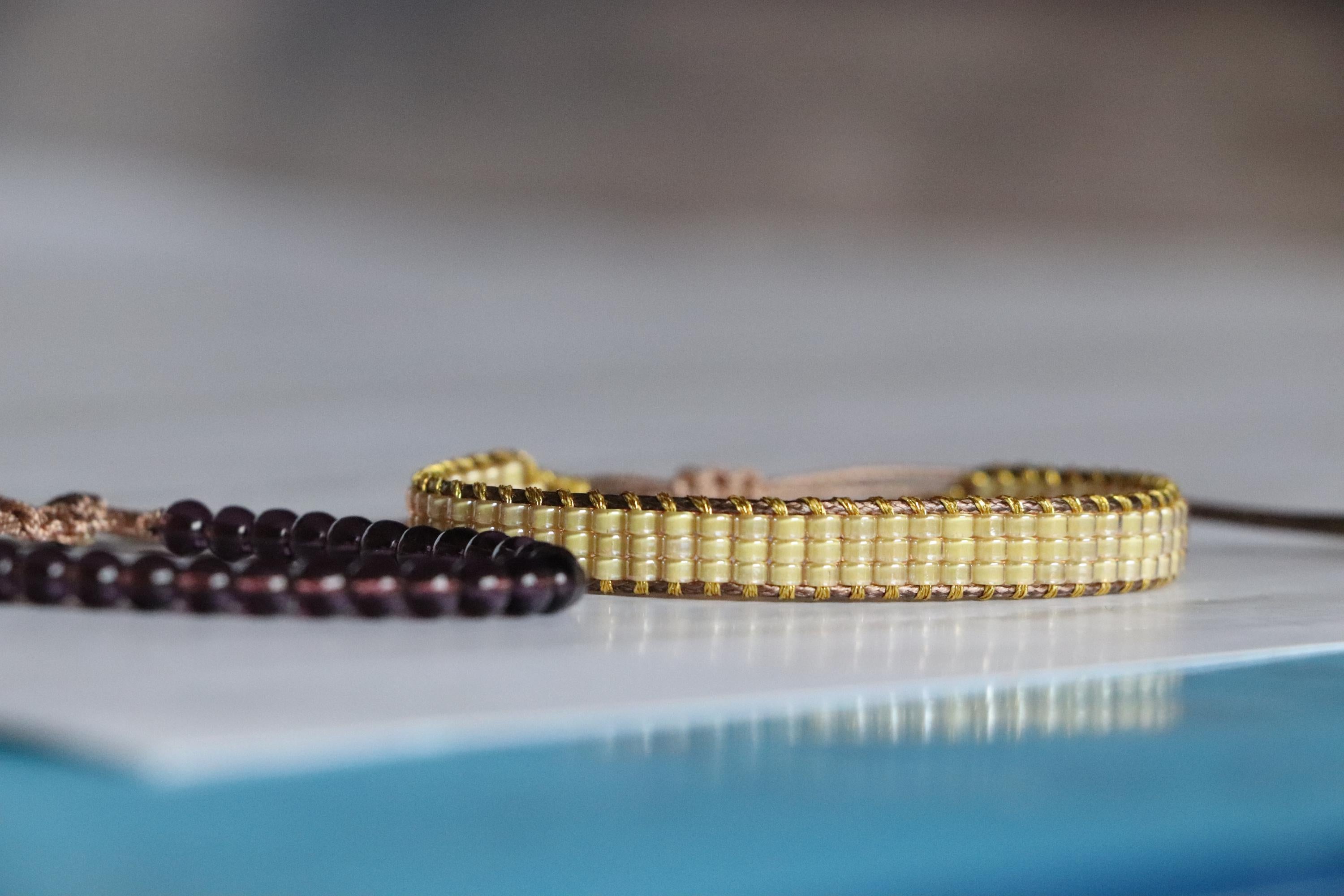 Yellow Woven Bracelet & Purple Glass Bead Bracelet – Handmade Two-Piece Set