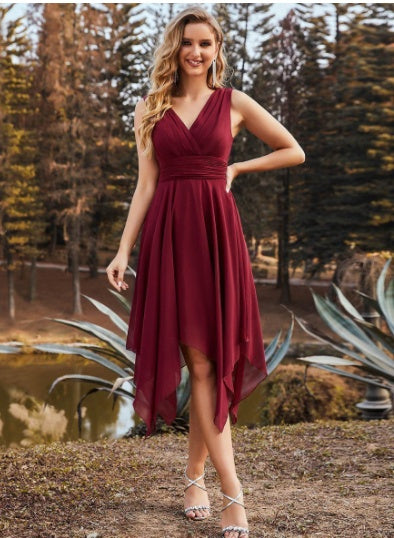 Elegant Burgundy Asymmetrical Dress – Summer Flowy Midi Dress for Women