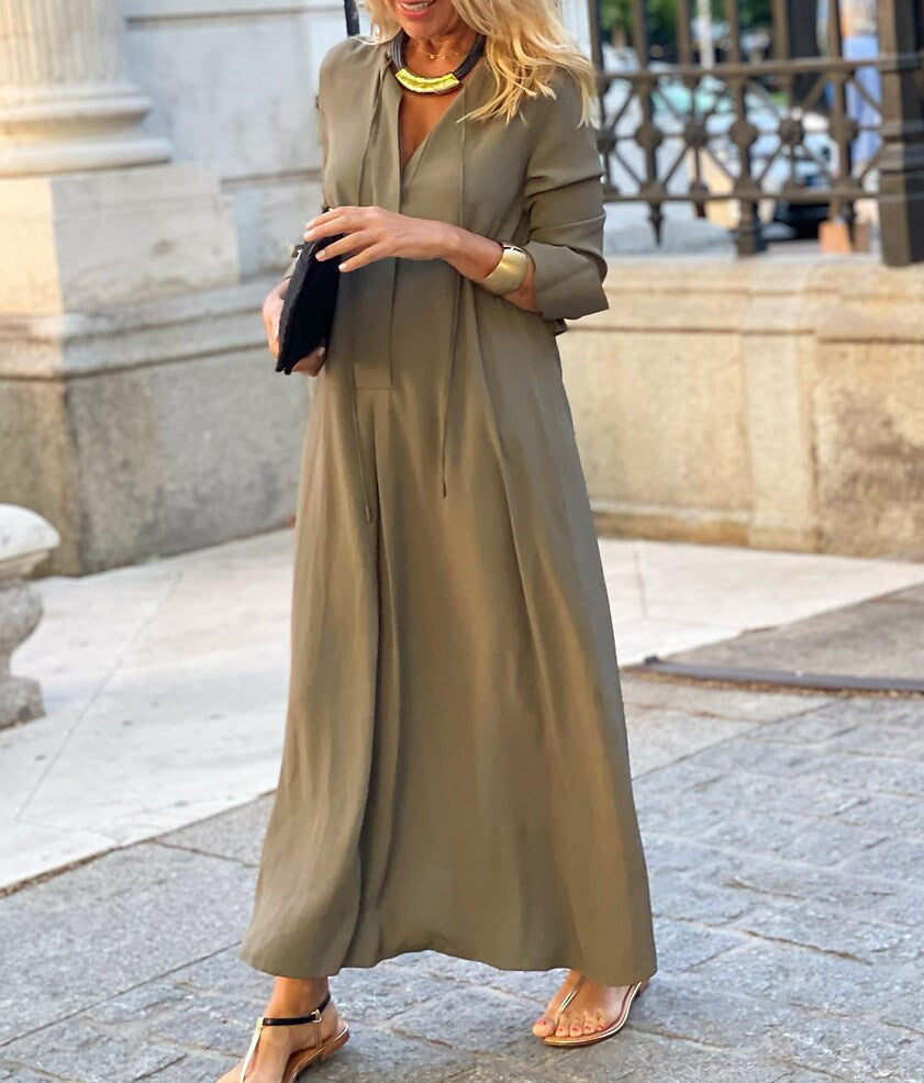 Women Long Sleeve Maxi Shirt Dress – Loose V Neck Casual Dress