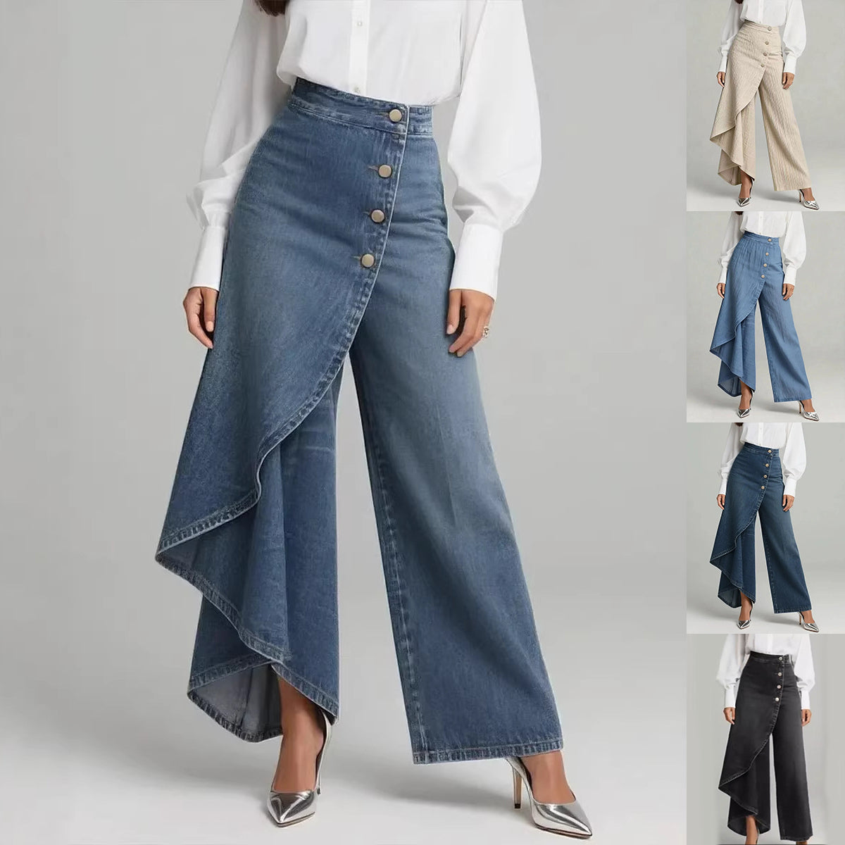 High Waist Ruffle Wide Leg Jeans Pants