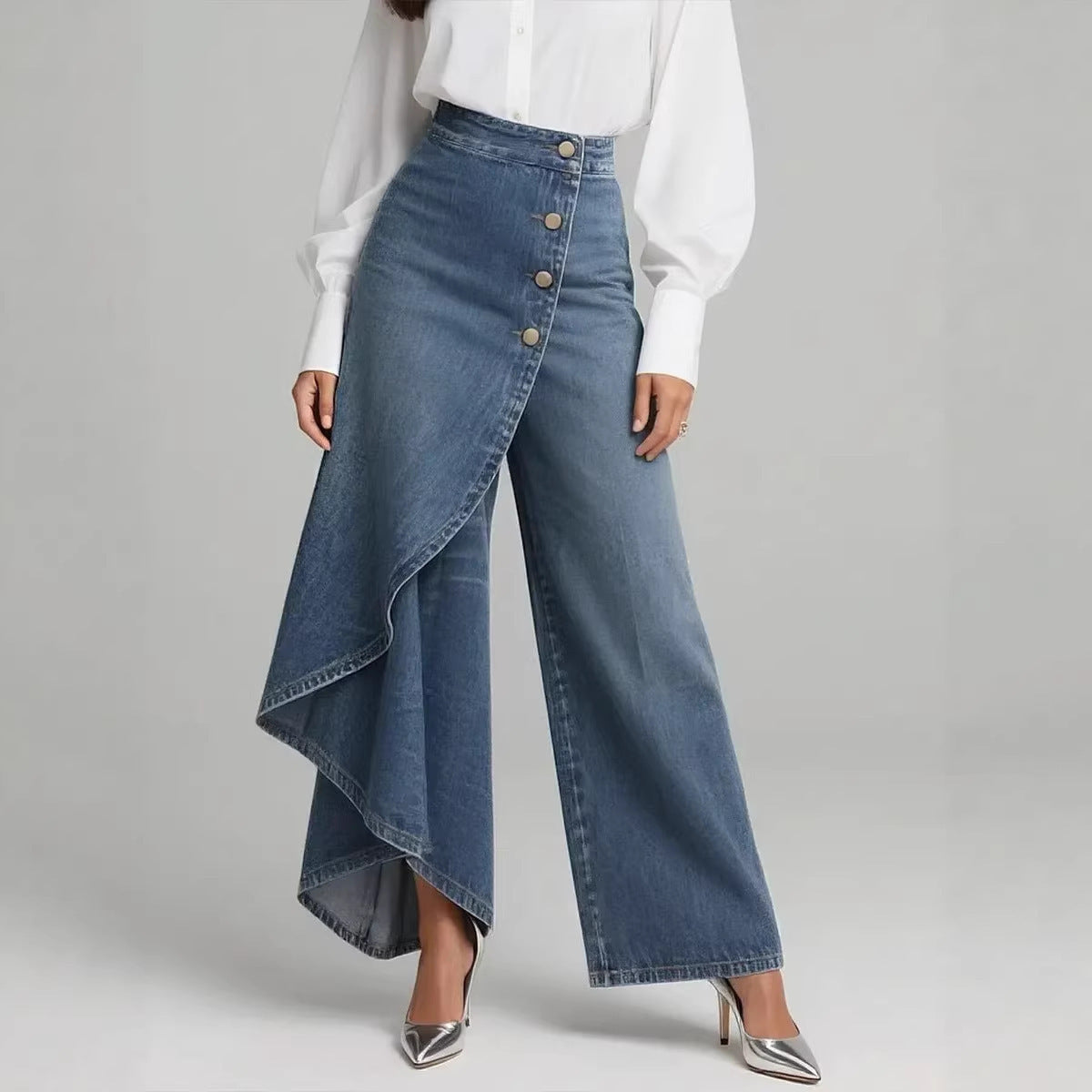 High Waist Ruffle Wide Leg Jeans Pants