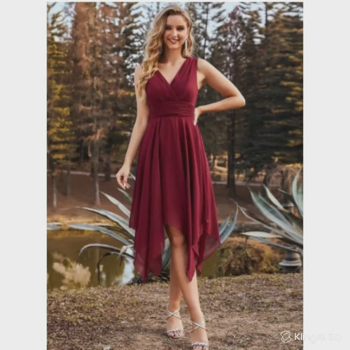 Elegant Burgundy Asymmetrical Dress – Summer Flowy Midi Dress for Women